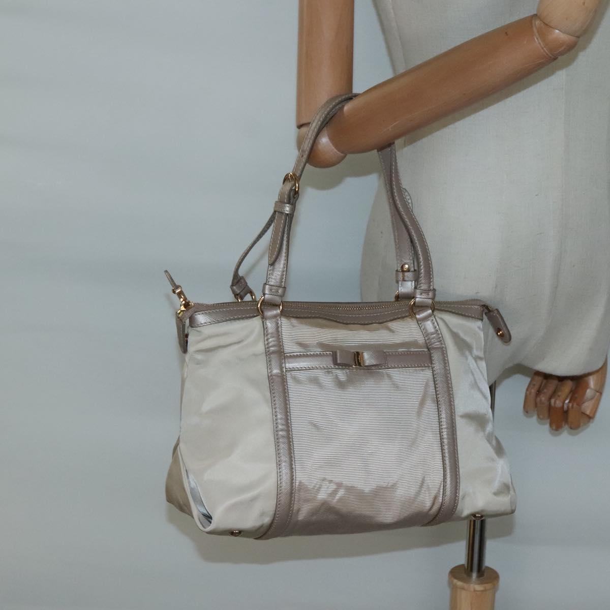 Salvatore Ferragamo Vala Hand Bag Nylon Beige Gold Auth BA5017