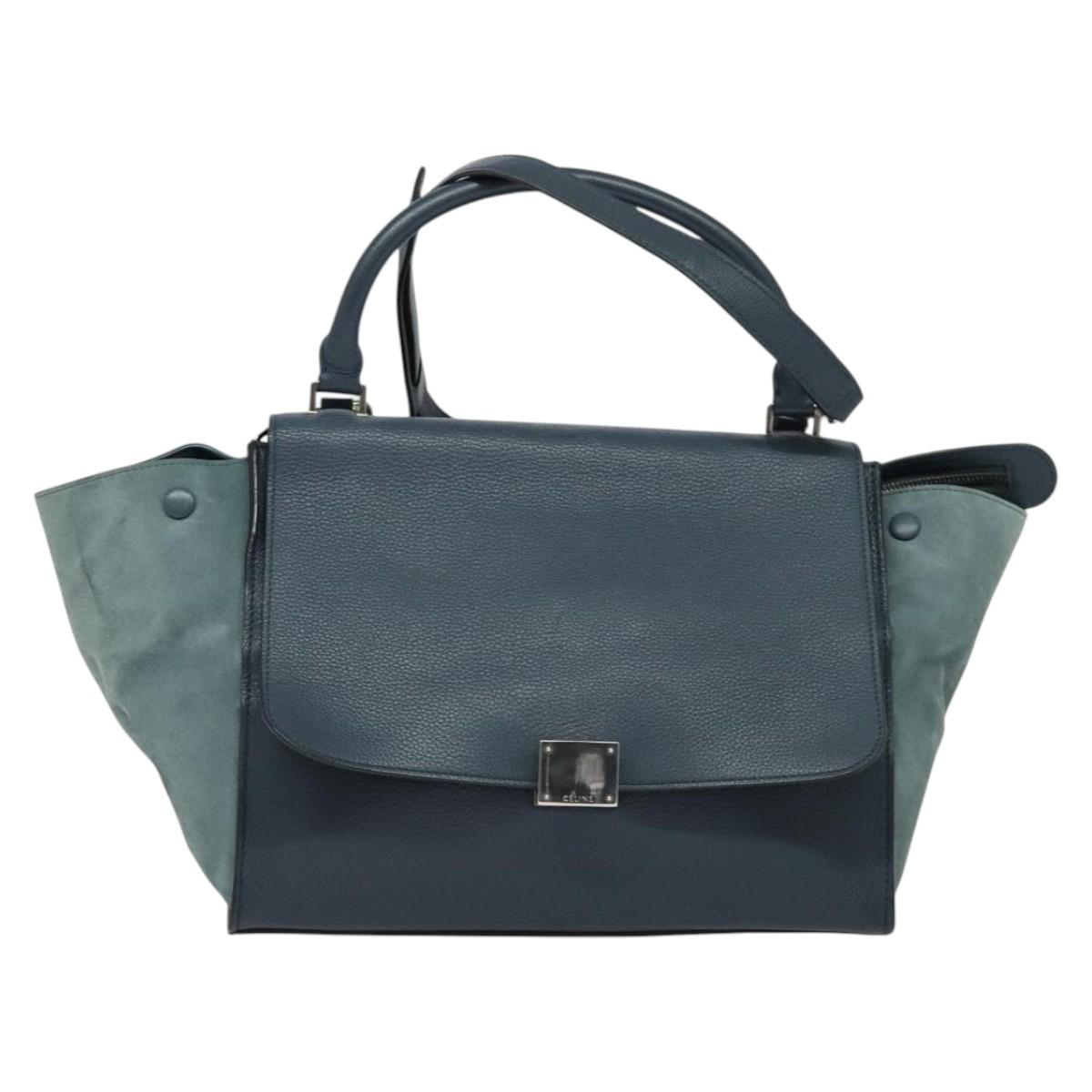 CELINE Trapeze Hand Bag Leather Suede 2way Blue Silver Auth BA5022