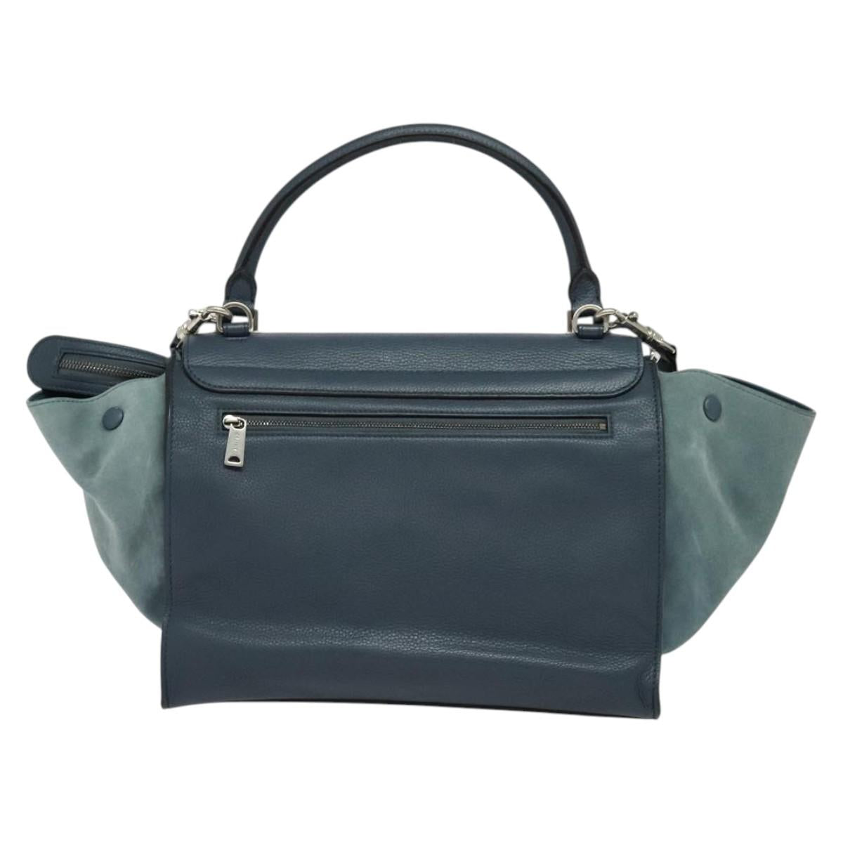 CELINE Trapeze Hand Bag Leather Suede 2way Blue Silver Auth BA5022