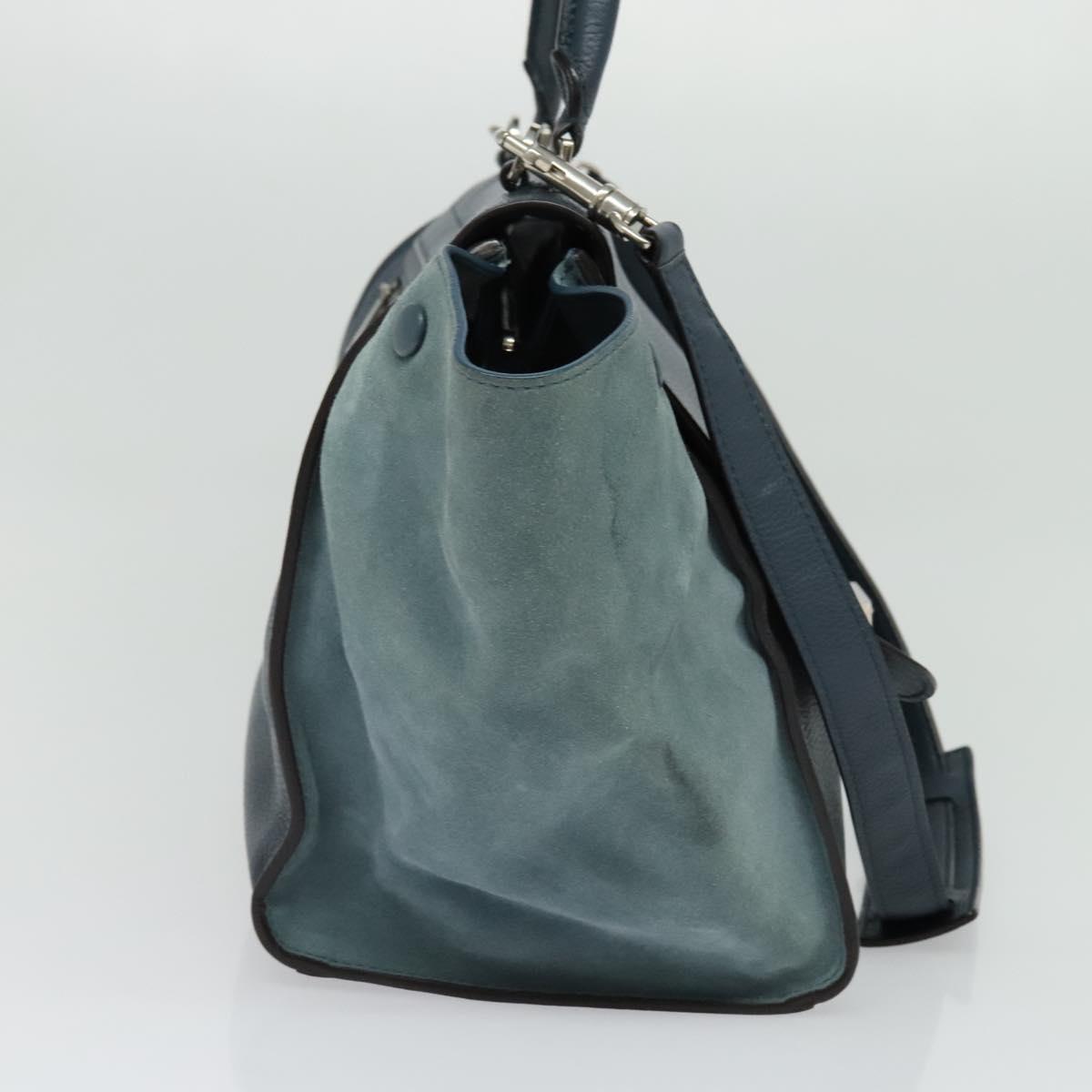 CELINE Trapeze Hand Bag Leather Suede 2way Blue Silver Auth BA5022