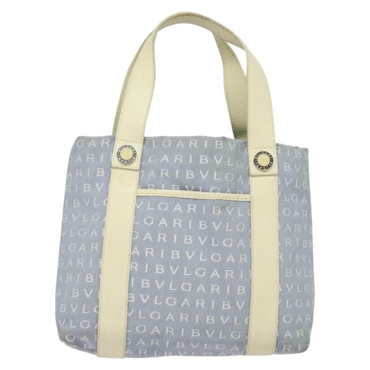 BVLGARI Logo Mania Tote Bag Canvas Light Blue Silver Auth BA5058