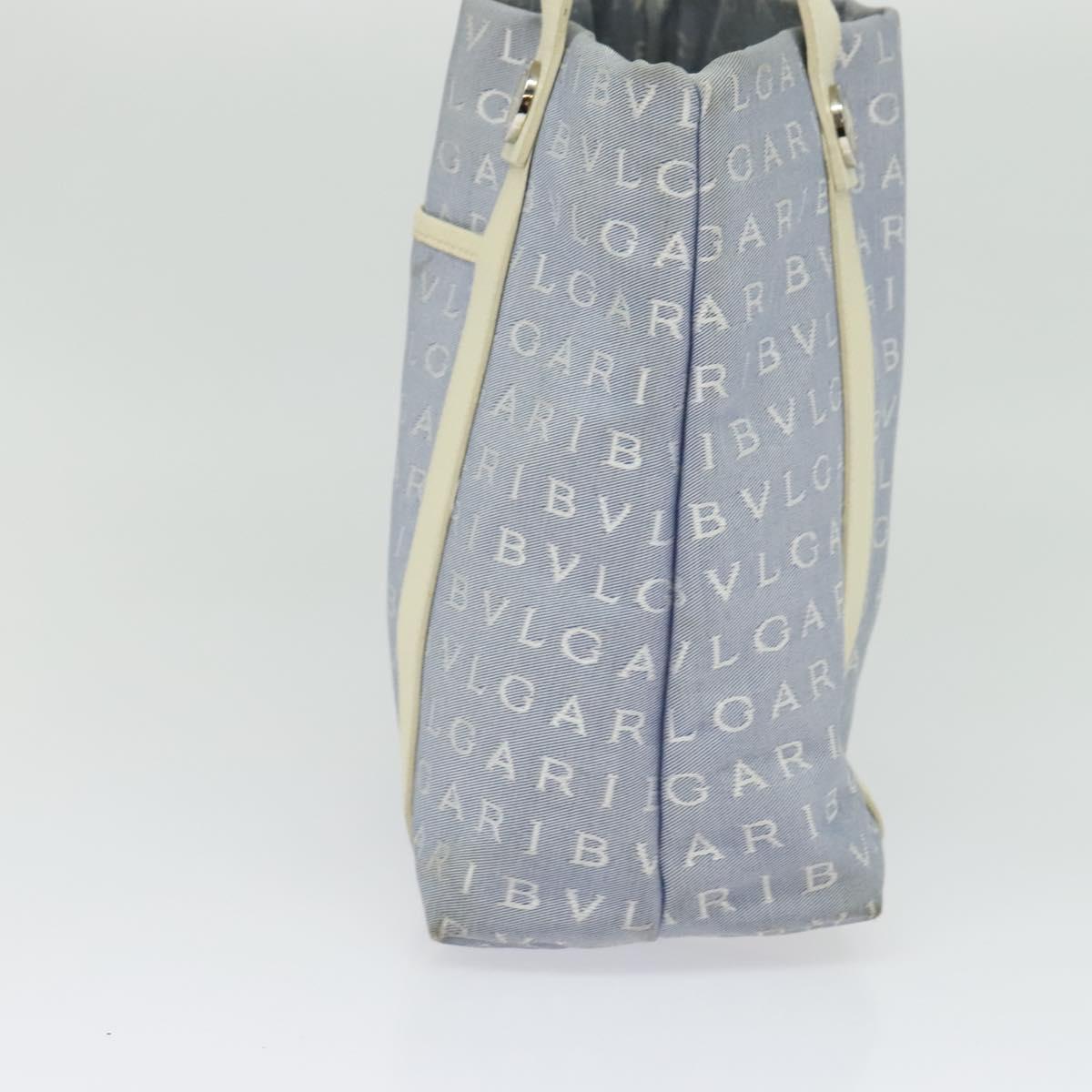 BVLGARI Logo Mania Tote Bag Canvas Light Blue Silver Auth BA5058