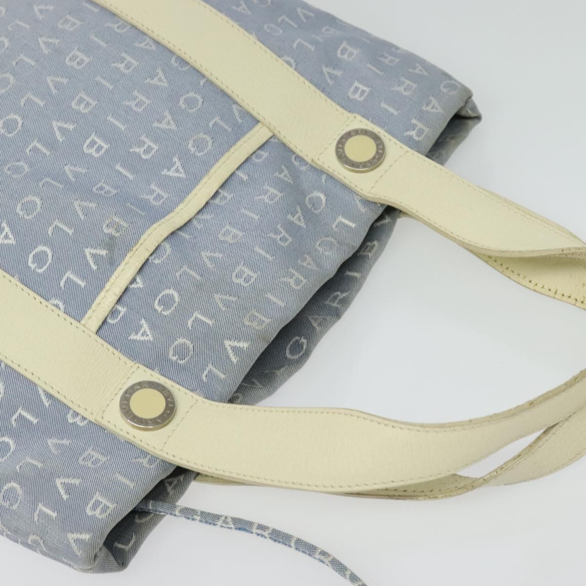 BVLGARI Logo Mania Tote Bag Canvas Light Blue Silver Auth BA5058