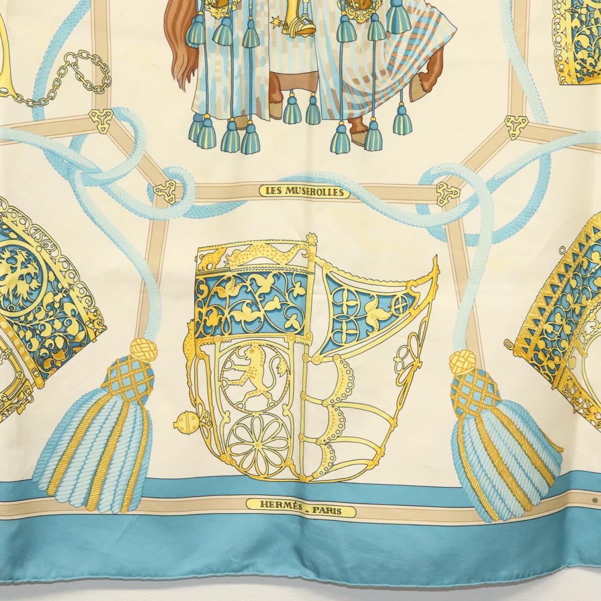 HERMES Carre 90 Scarf ""LES MUSEROLLES"" Silk Blue Auth BA5129
