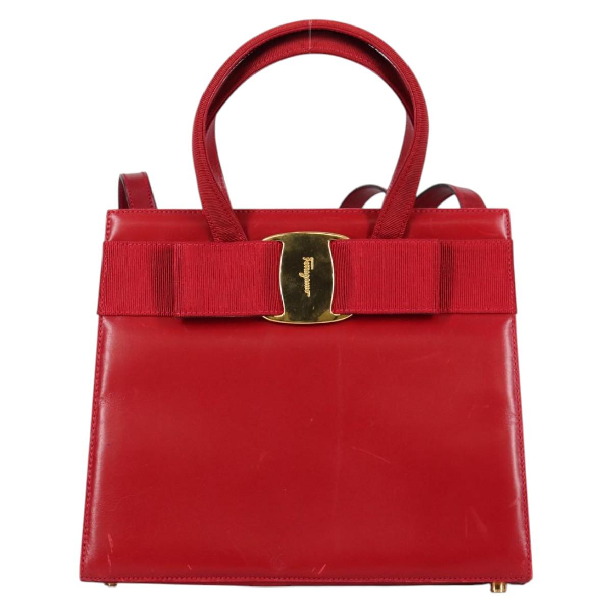 Salvatore Ferragamo Vala Hand Bag Leather 2way Red Gold Auth BA5145
