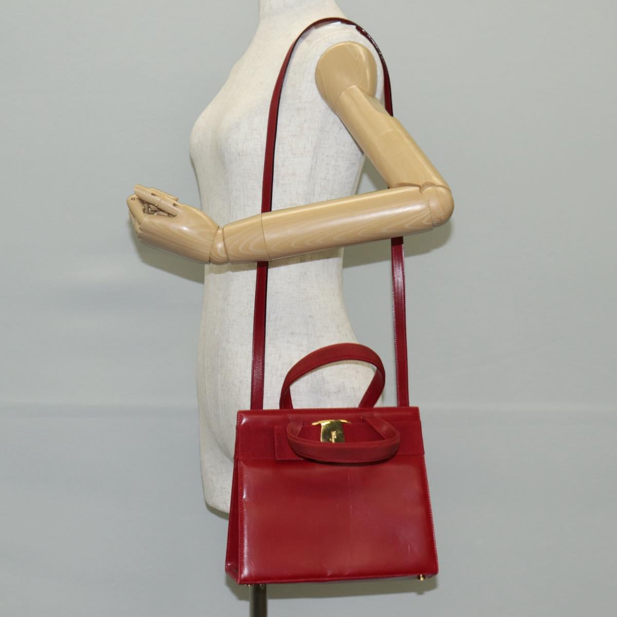 Salvatore Ferragamo Vala Hand Bag Leather 2way Red Gold Auth BA5145