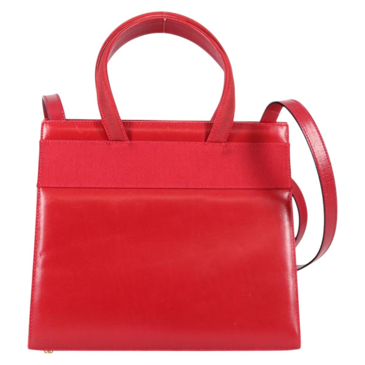 Salvatore Ferragamo Vala Hand Bag Leather 2way Red Gold Auth BA5145