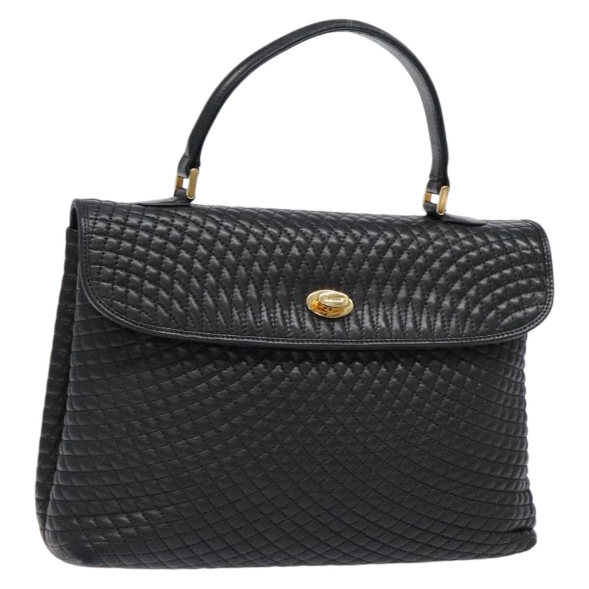 BALLY Quilted Hand Bag Leather Gold Black Auth BA5149
