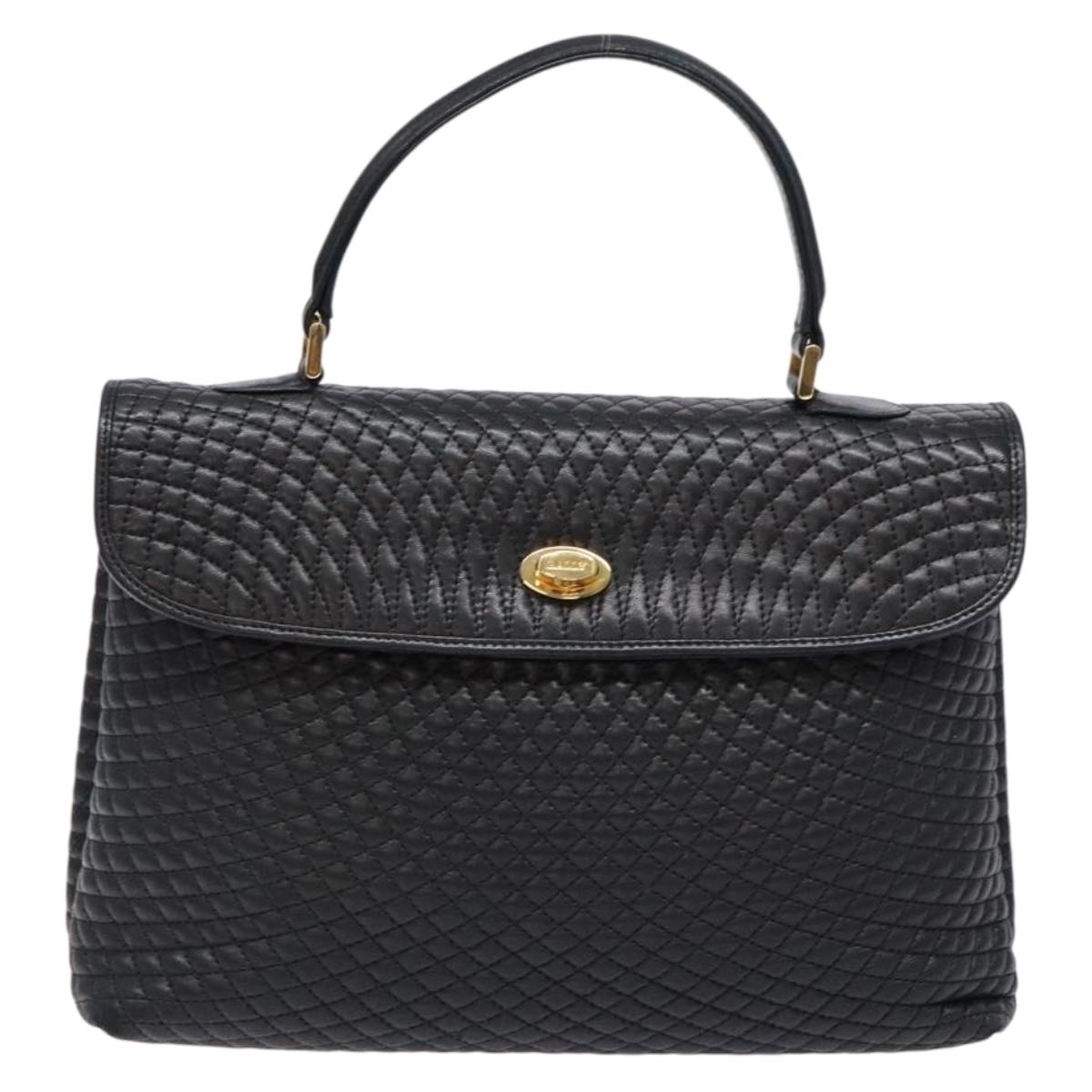 BALLY Quilted Hand Bag Leather Gold Black Auth BA5149