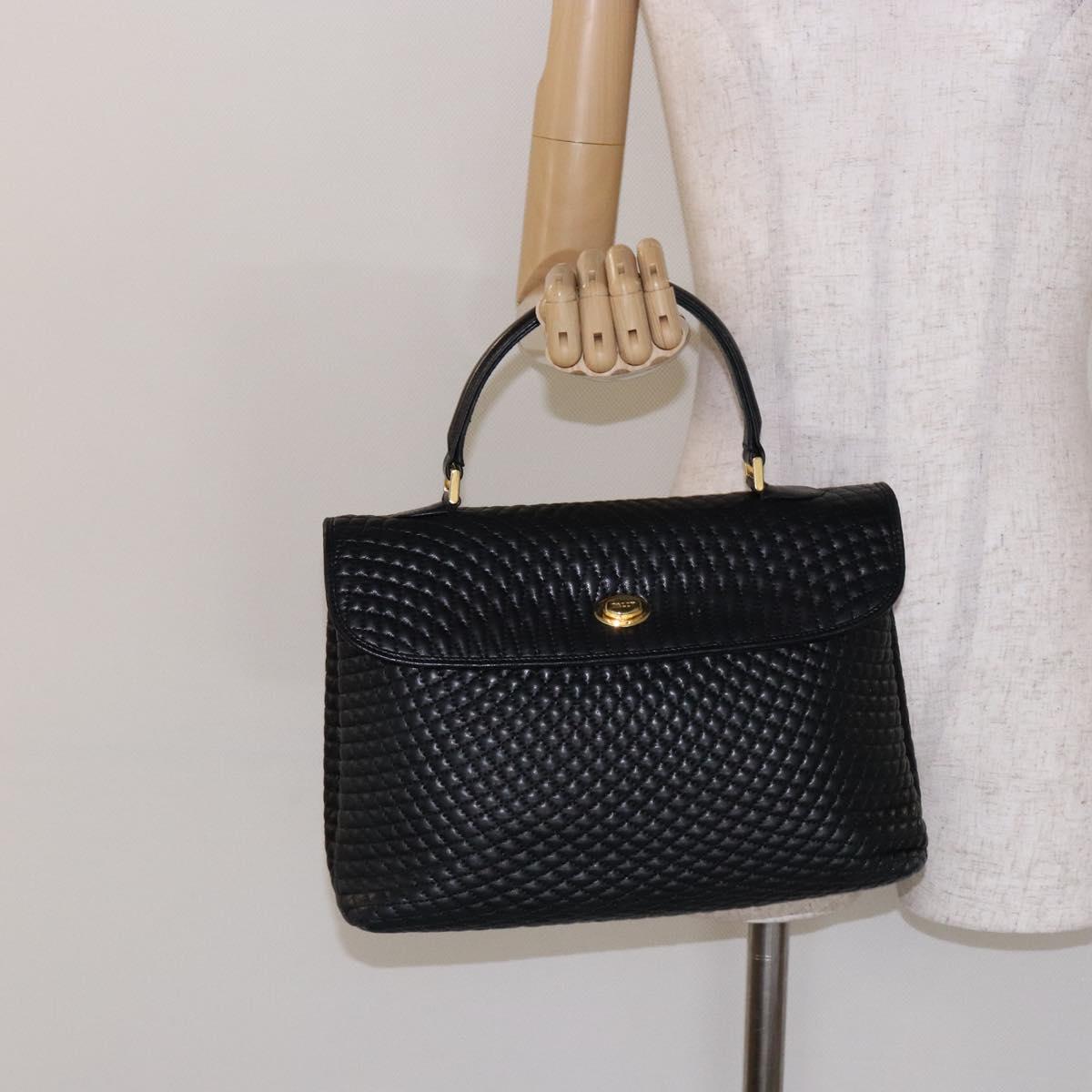 BALLY Quilted Hand Bag Leather Gold Black Auth BA5149