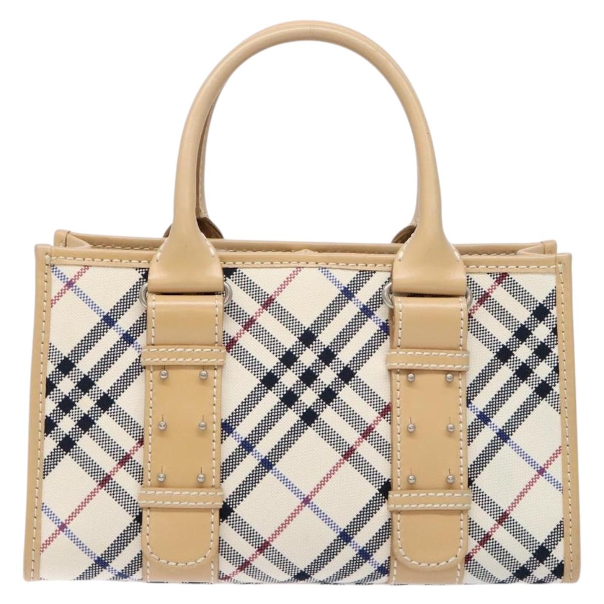 BURBERRY Nova Check Blue Label Hand Bag Canvas Beige Silver Auth BA5204