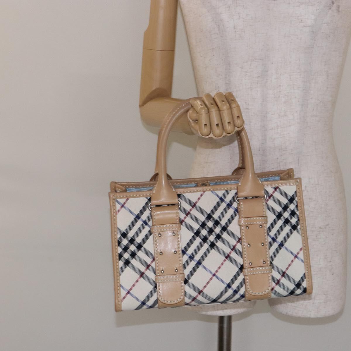 BURBERRY Nova Check Blue Label Hand Bag Canvas Beige Silver Auth BA5204