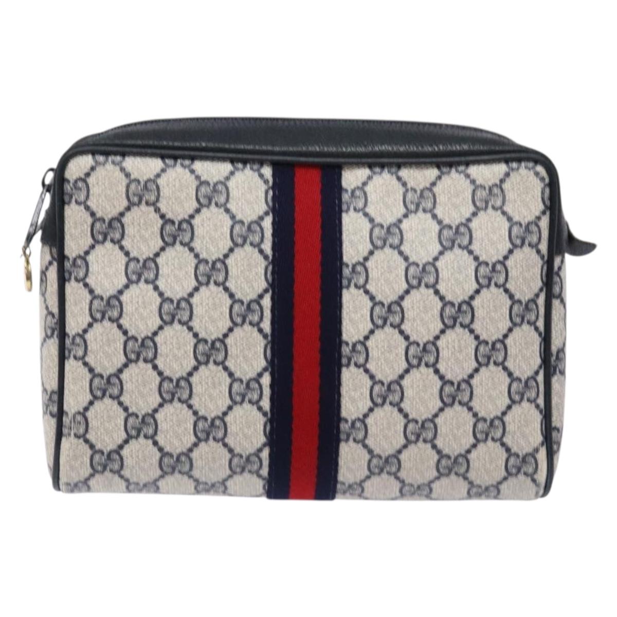 GUCCI GG Supreme Sherry Line Clutch Bag PVC Navy Gold 56 01 012 Auth BA5206