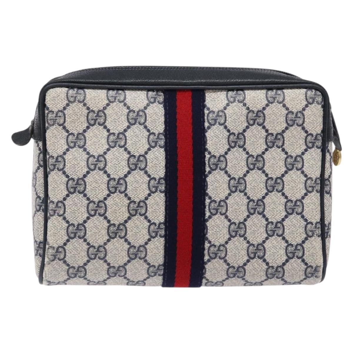 GUCCI GG Supreme Sherry Line Clutch Bag PVC Navy Gold 56 01 012 Auth BA5206