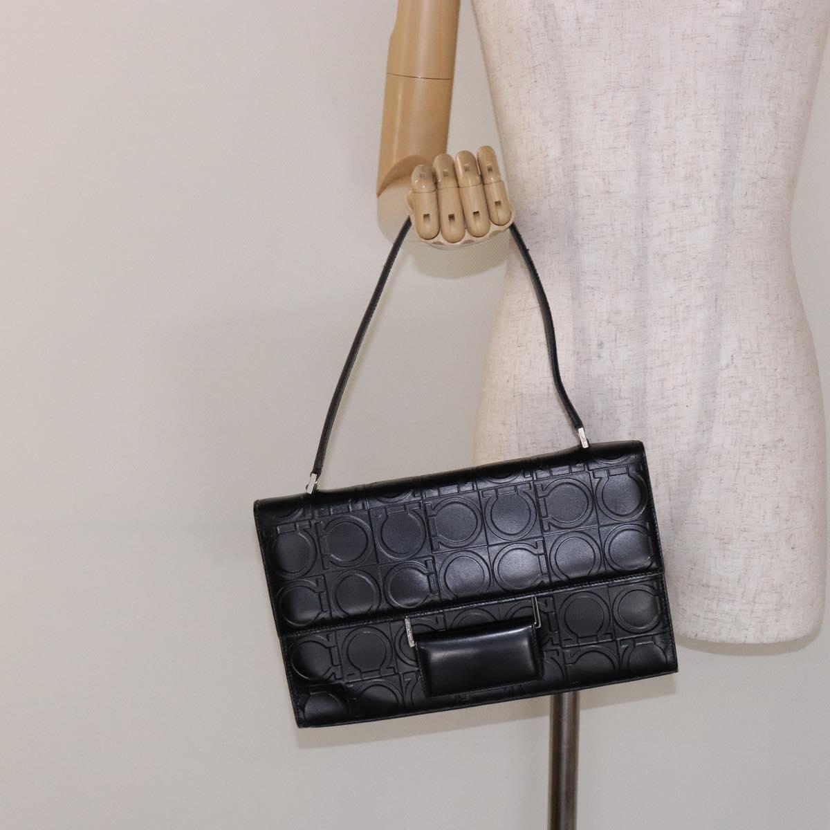 Salvatore Ferragamo Gancini Shoulder Bag Leather Black Silver Auth BA5258