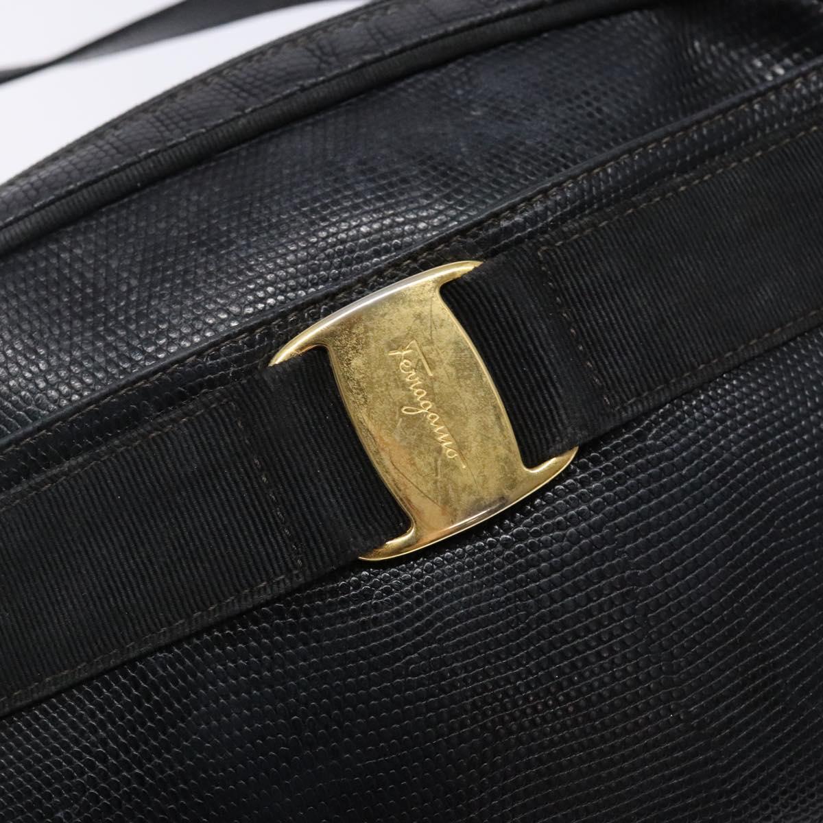 Salvatore Ferragamo Vala Shoulder Bag Leather Embossed Black Gold Auth BA5268