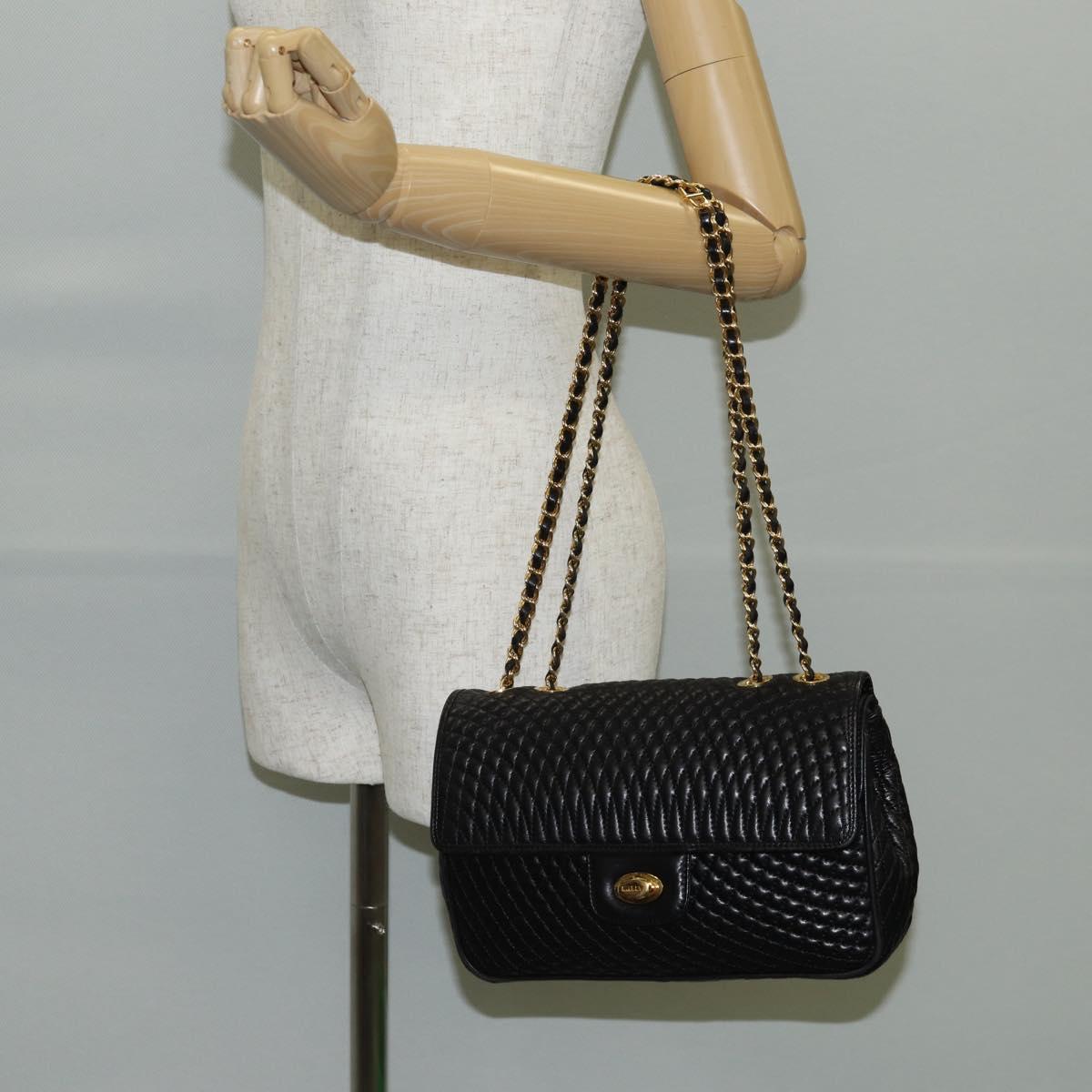 BALLY Quilted Chain Shoulder Bag Leather Black Gold Auth BA5269