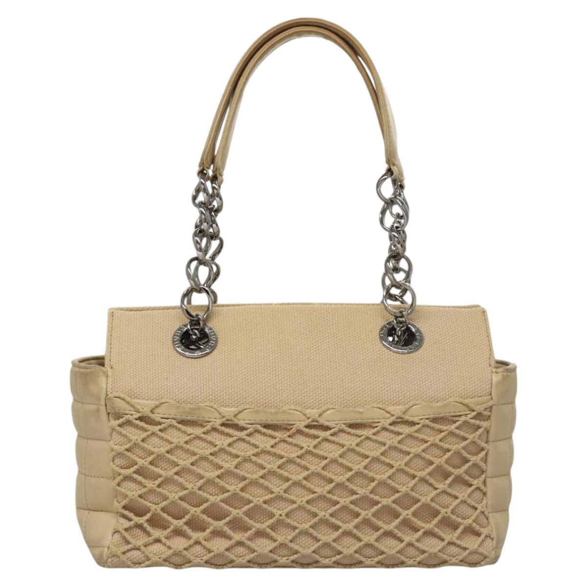 CHANEL Choco Bar Tote Bag Canvas Beige CC Auth BA528