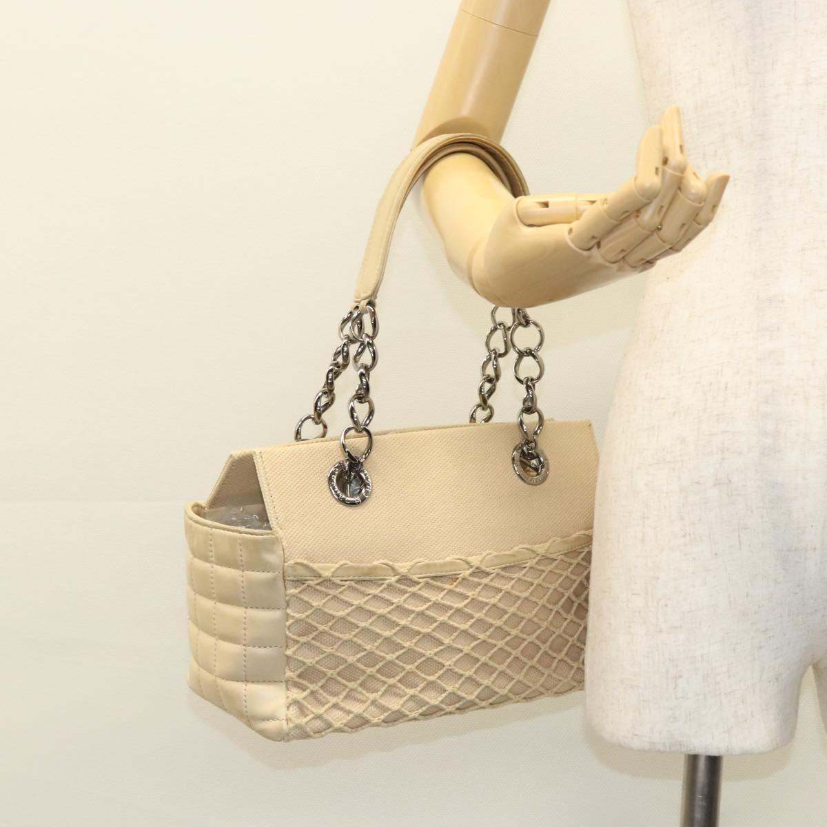CHANEL Choco Bar Tote Bag Canvas Beige CC Auth BA528