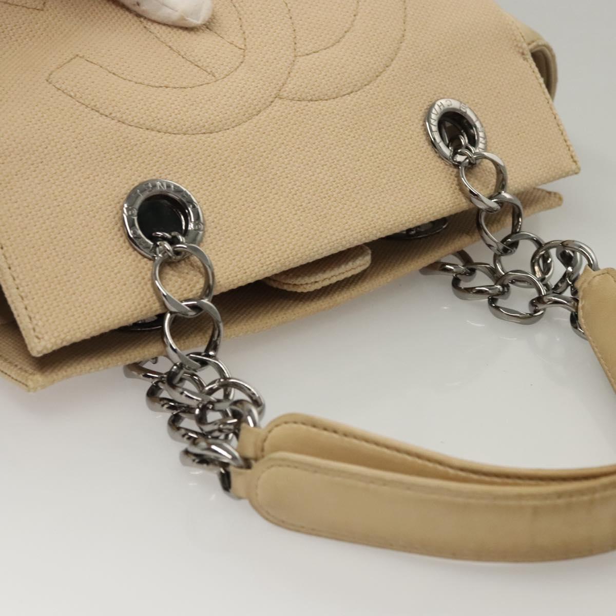 CHANEL Choco Bar Tote Bag Canvas Beige CC Auth BA528