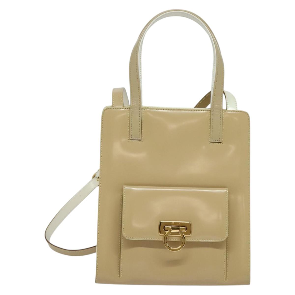 Salvatore Ferragamo Gancini Hand Bag Patent leather 2way Beige Gold Auth BA5280
