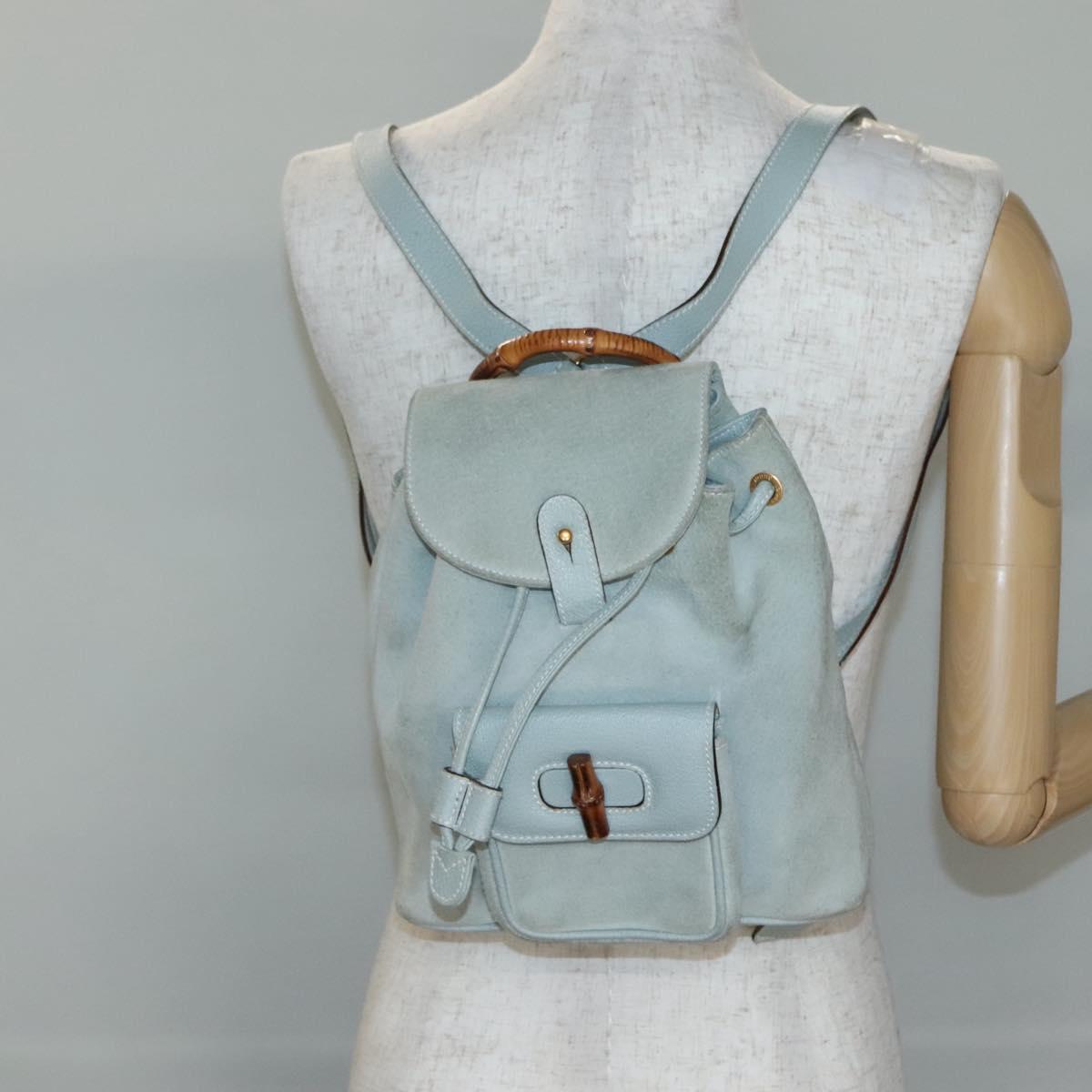 GUCCI Bamboo Backpack Suede Light Blue Gold 003 2058 0030 Auth BA5287