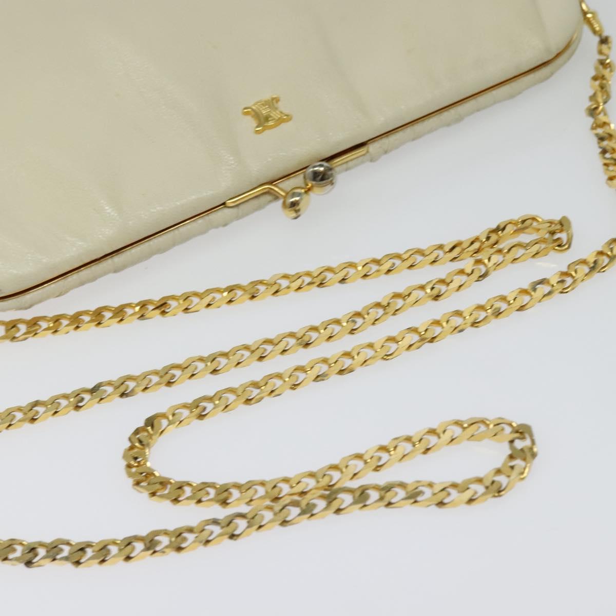 CELINE Chain Shoulder Bag Leather Vintage White Gold Auth BA5291