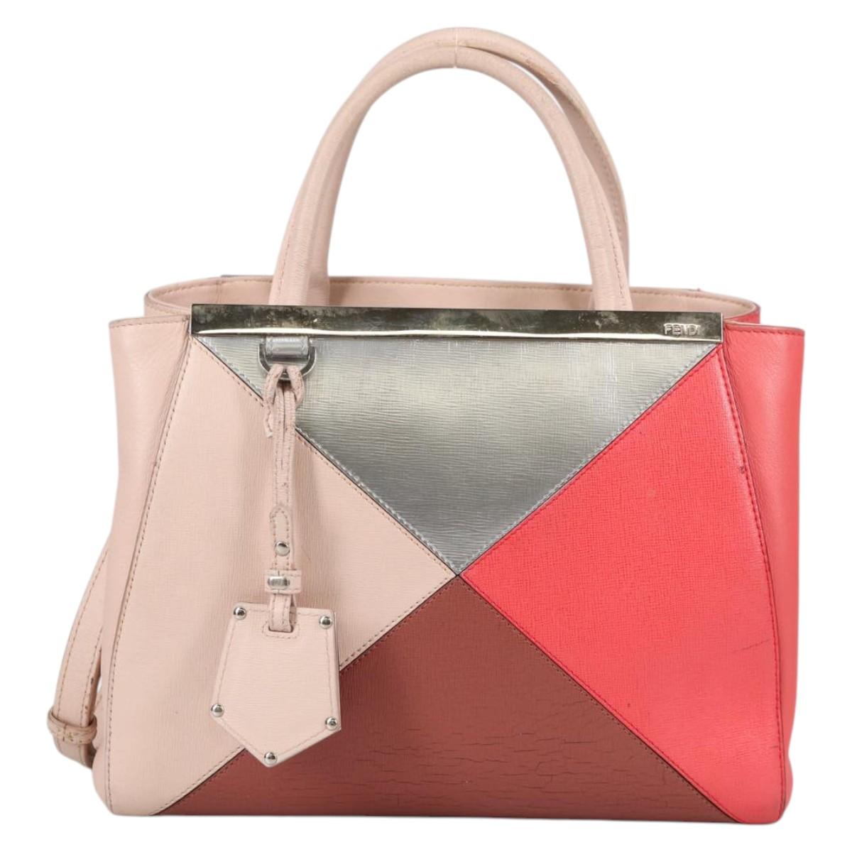 FENDI PETITE 2JOURS Hand Bag Leather 2way Beige Silver Auth BA5301