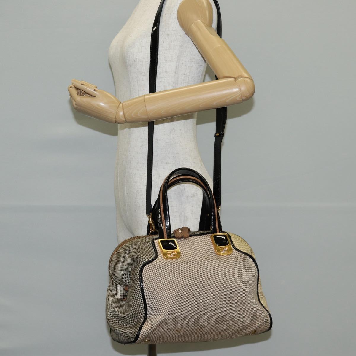 FENDI Camel Rain Hand Bag Canvas 2way Beige Gold Auth BA5335