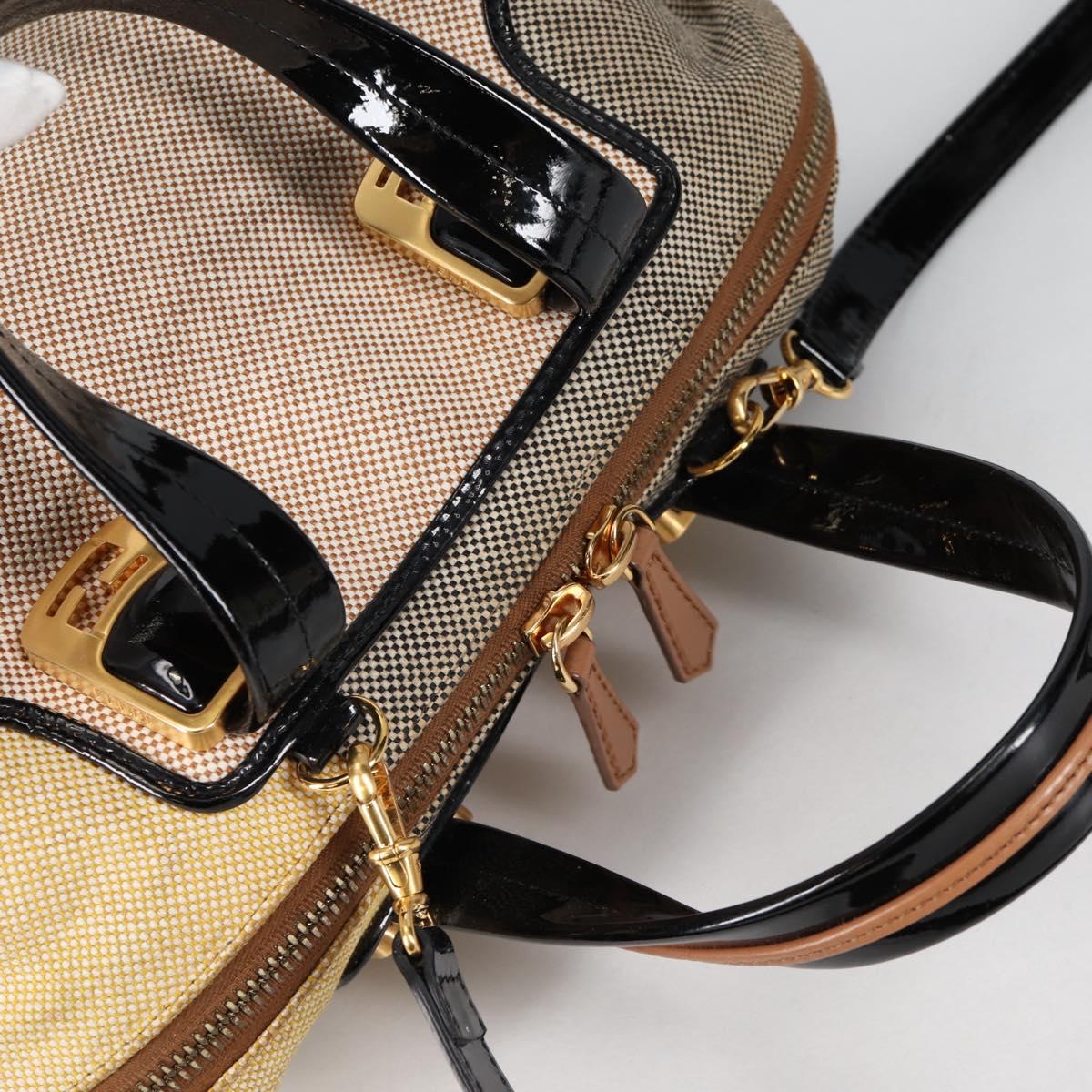 FENDI Camel Rain Hand Bag Canvas 2way Beige Gold Auth BA5335