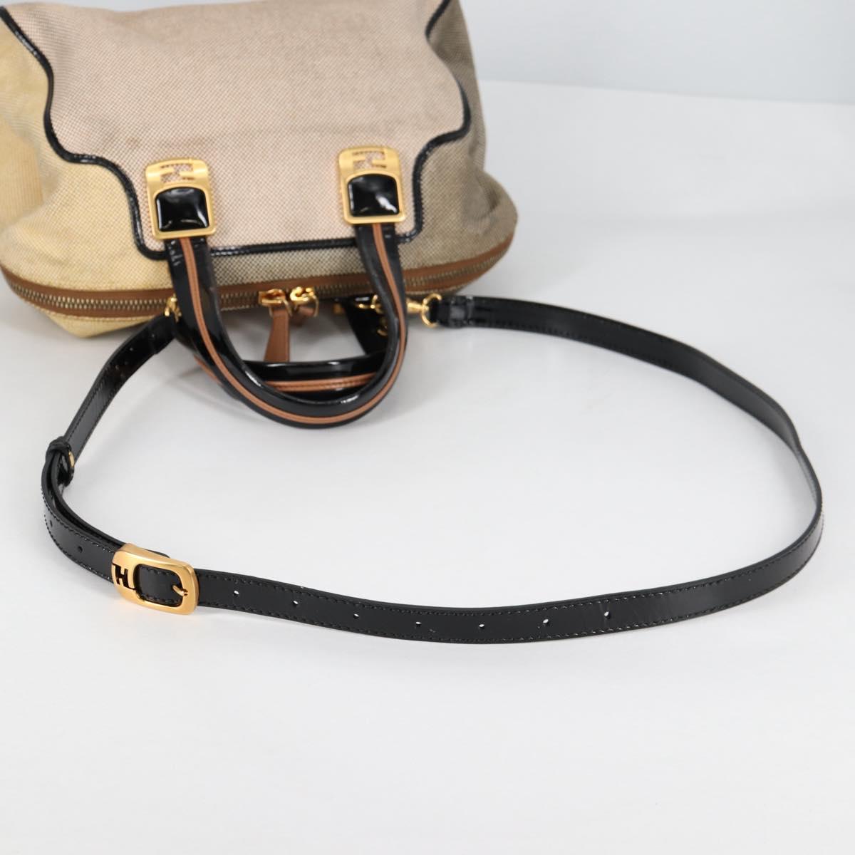 FENDI Camel Rain Hand Bag Canvas 2way Beige Gold Auth BA5335