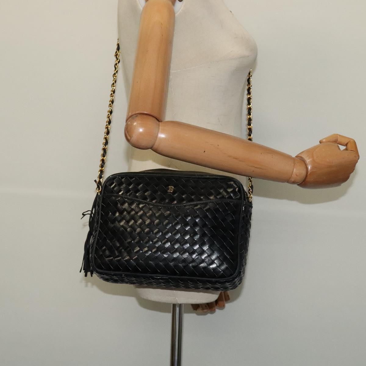BALLY Quilted Chain Shoulder Bag Leather Black Gold Auth BA5339