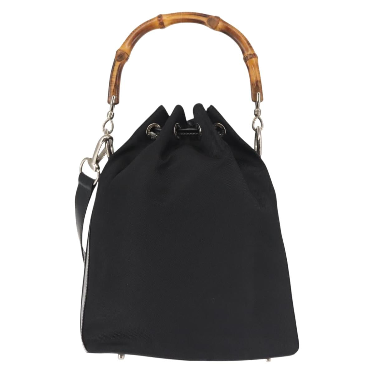 GUCCI Bamboo Hand Bag Nylon 2way Black Silver Auth BA5354
