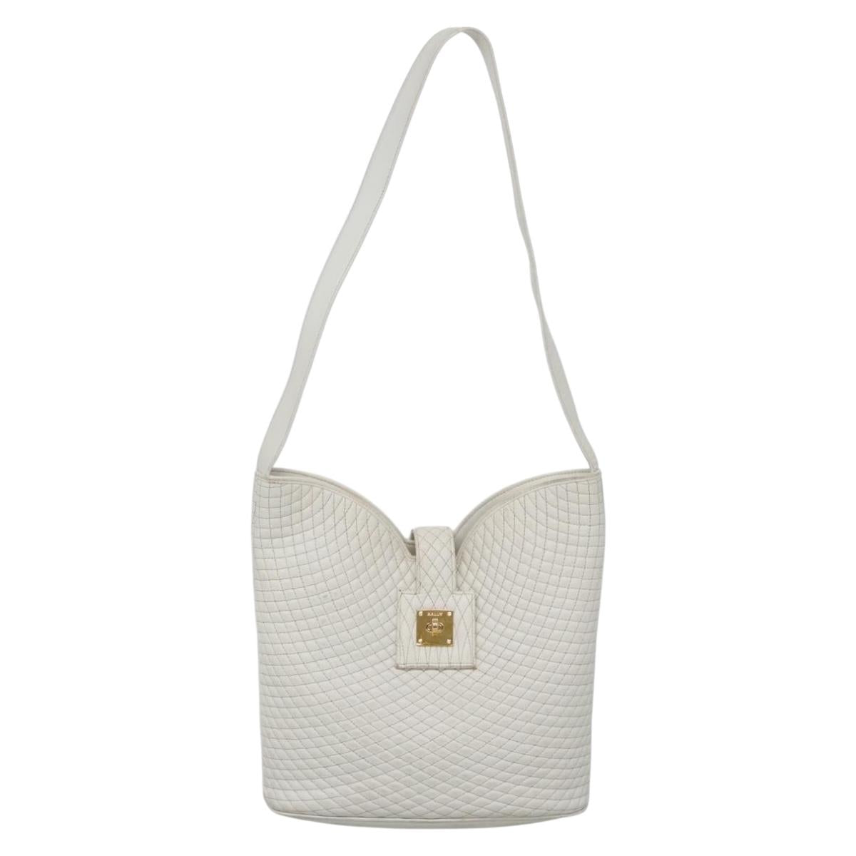 BALLY Quilted Shoulder Bag Leather White Gold Auth BA5391