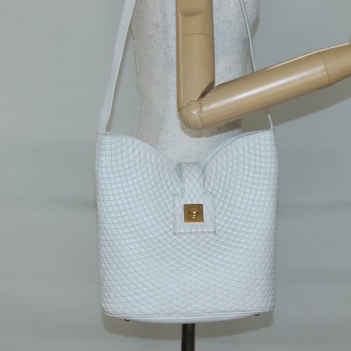 BALLY Quilted Shoulder Bag Leather White Gold Auth BA5391