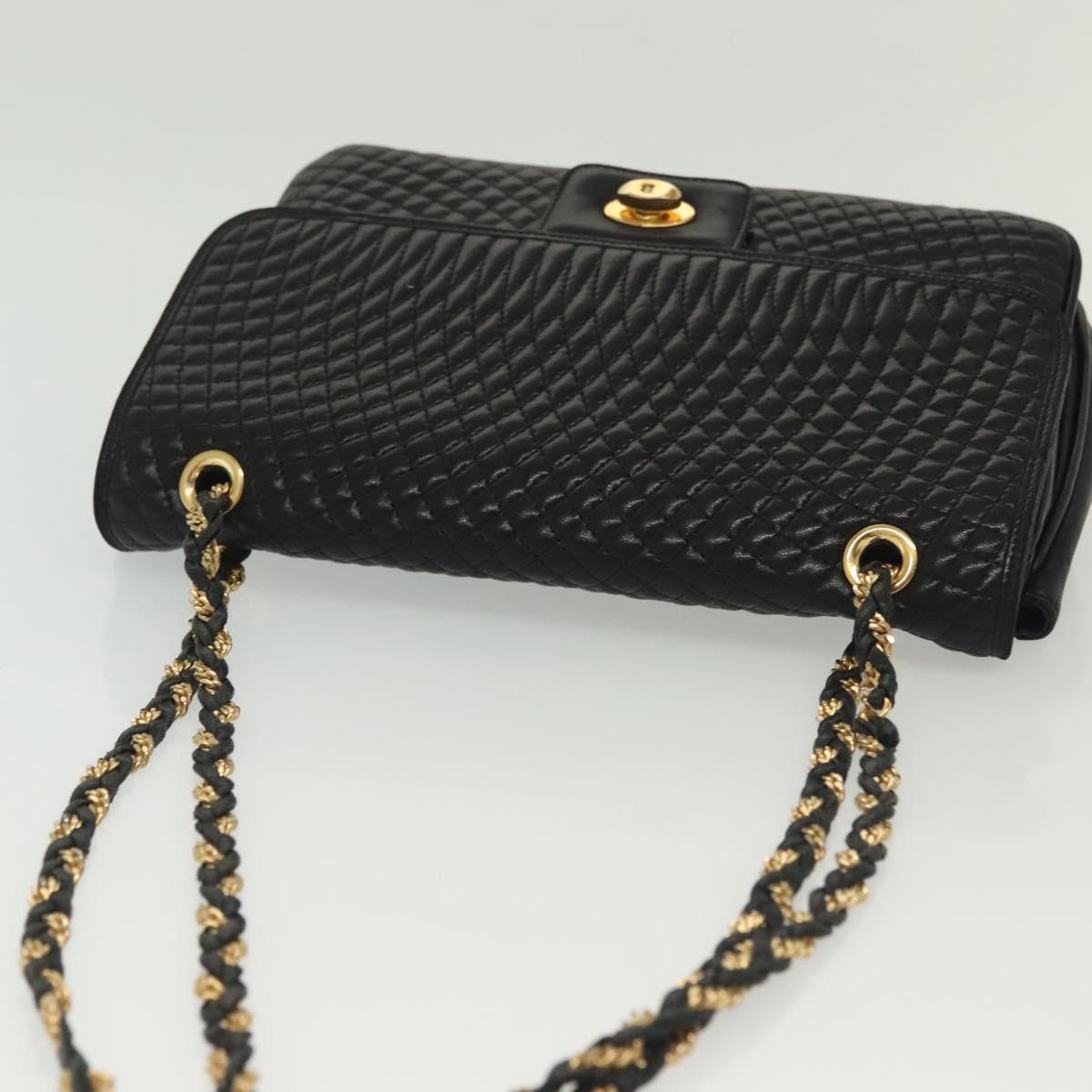 BALLY Quilted Chain Shoulder Bag Leather Black Gold Auth BA5432