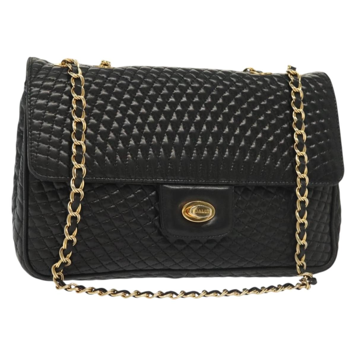 BALLY Quilted Chain Shoulder Bag Leather Black Gold Auth BA5433