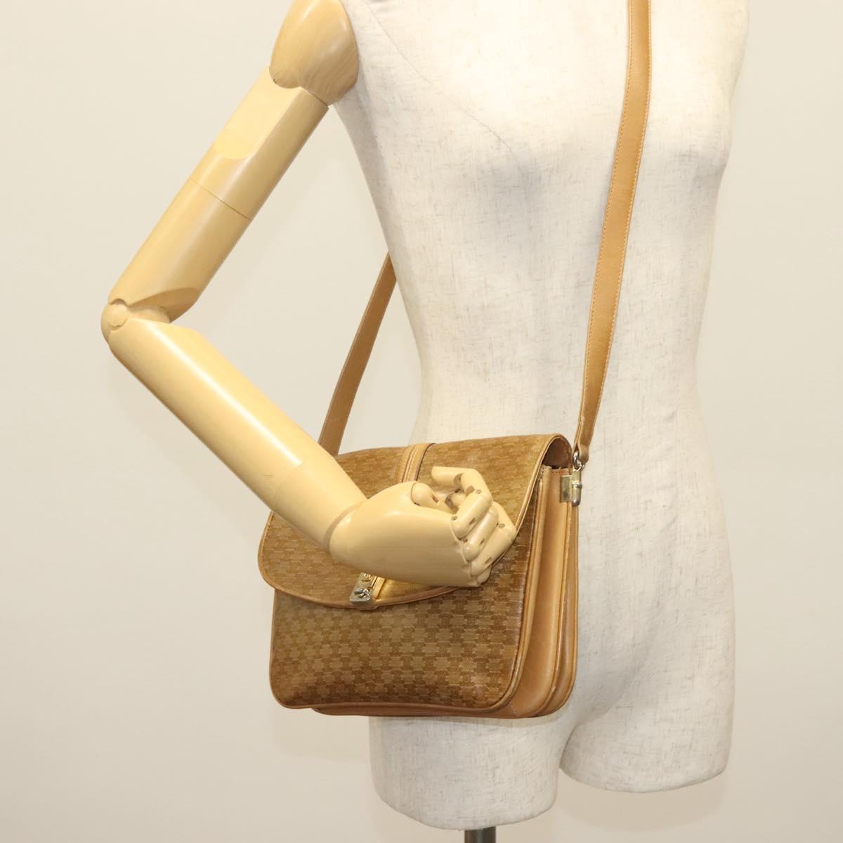 CELINE Macadam Canvas Shoulder Bag PVC Beige Gold Auth BA5468