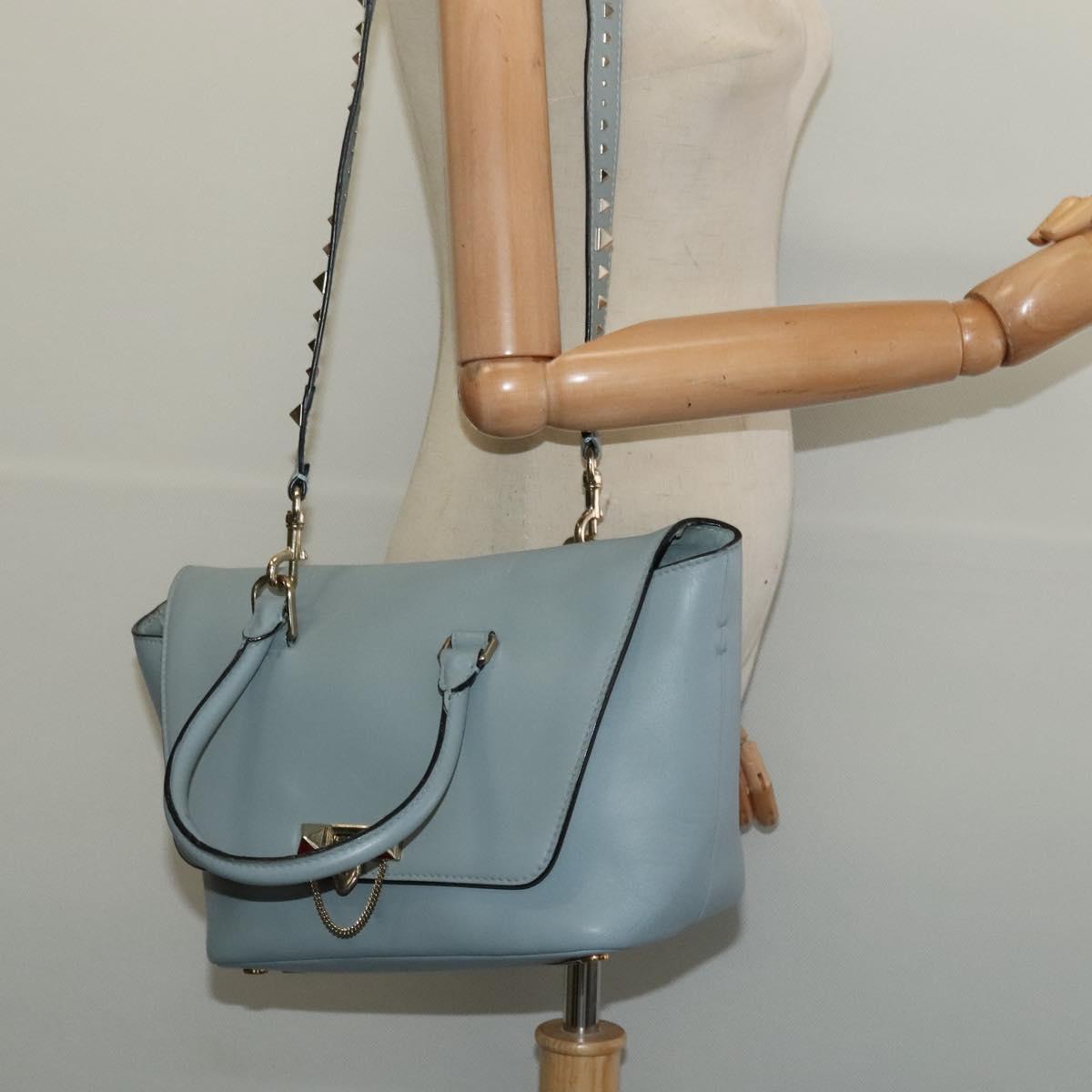 VALENTINO Hand Bag Leather 2way Light Blue Gold Auth BA5471