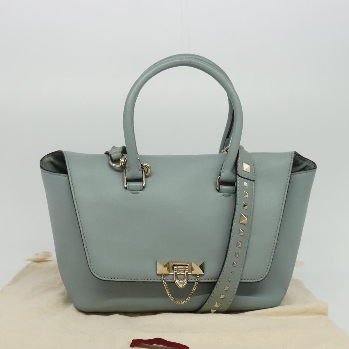 VALENTINO Hand Bag Leather 2way Light Blue Gold Auth BA5471