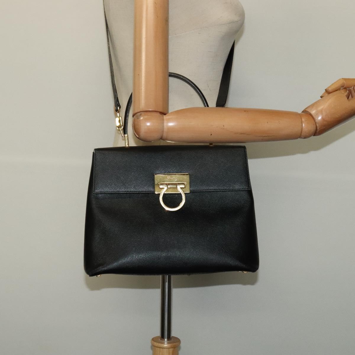 Salvatore Ferragamo Gancini Hand Bag Leather 2way Black Gold Auth BA5503