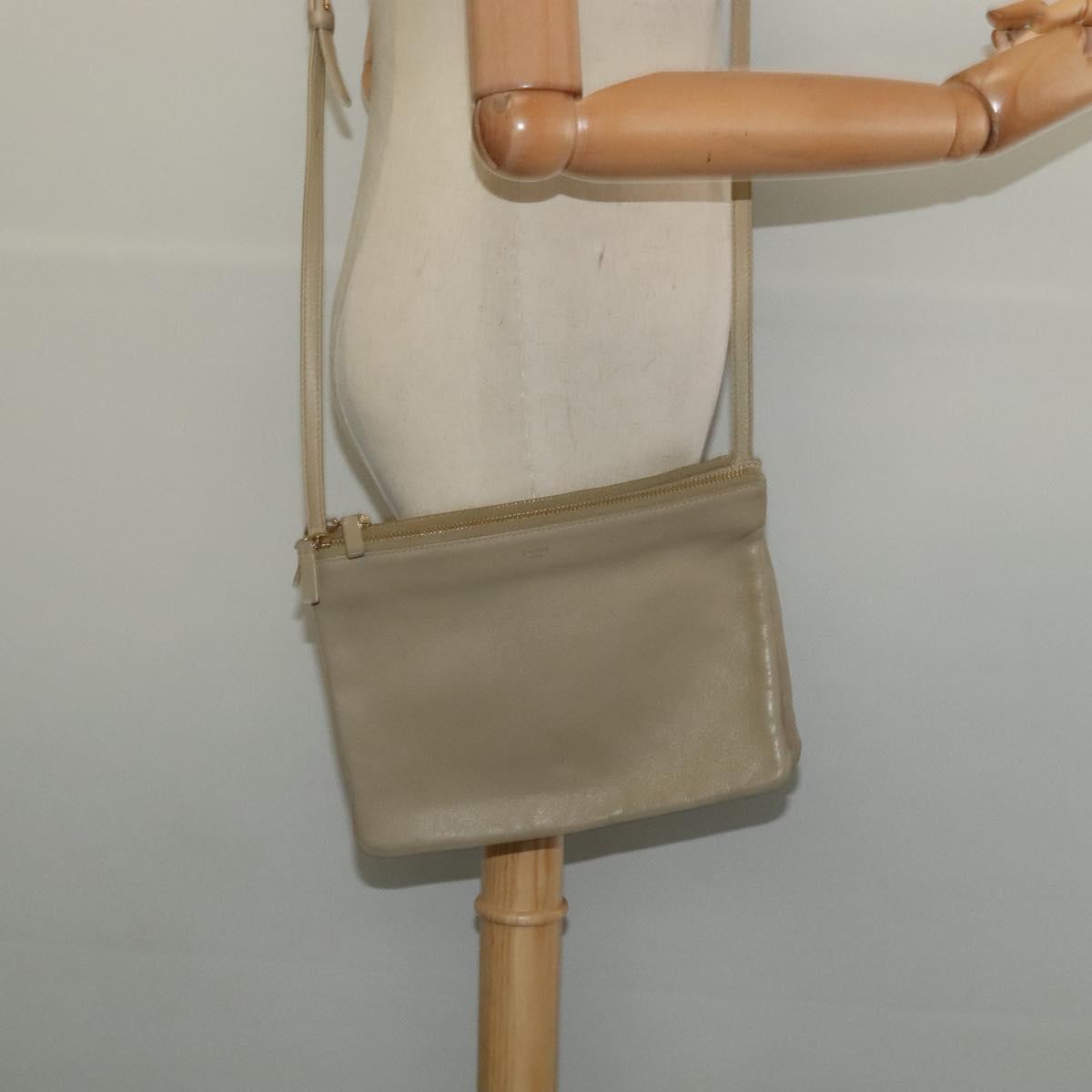 CELINE Trio Shoulder Bag Leather Beige Gold Auth BA5505