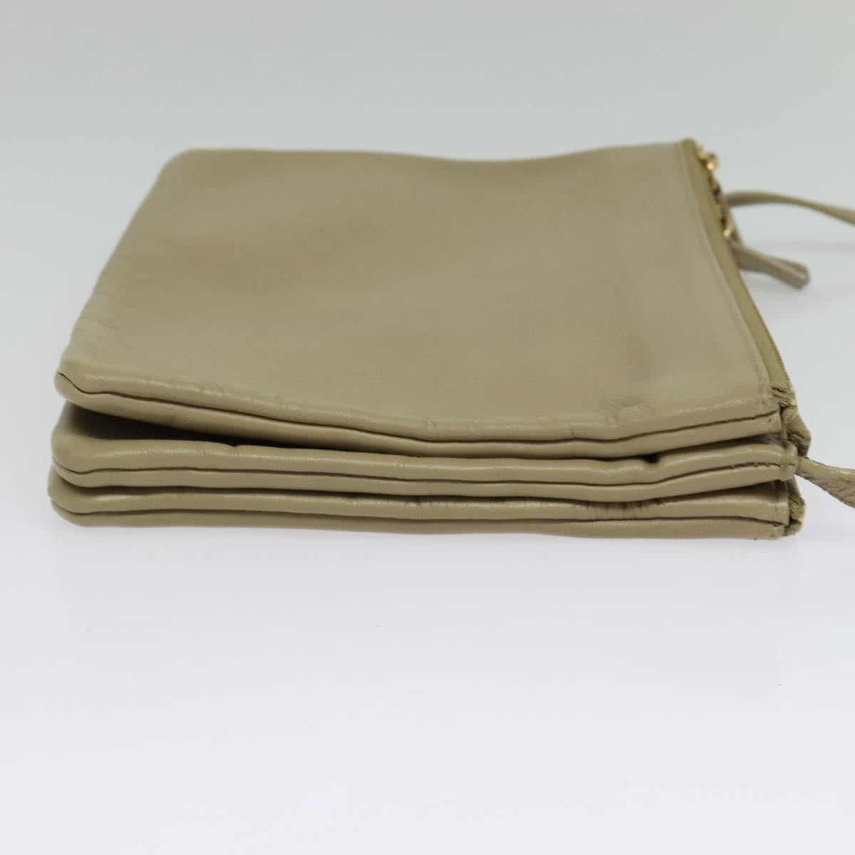 CELINE Trio Shoulder Bag Leather Beige Gold Auth BA5505