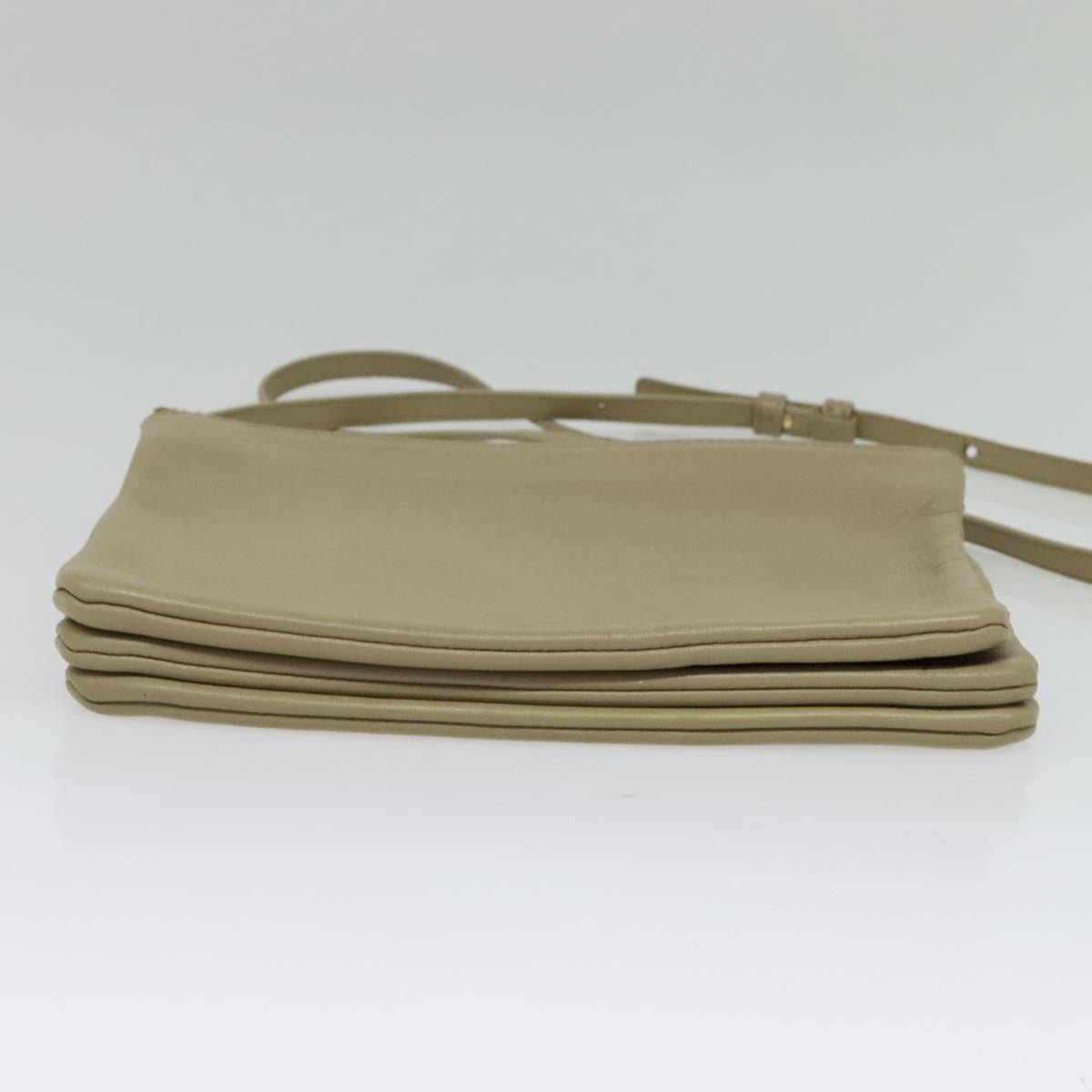 CELINE Trio Shoulder Bag Leather Beige Gold Auth BA5505