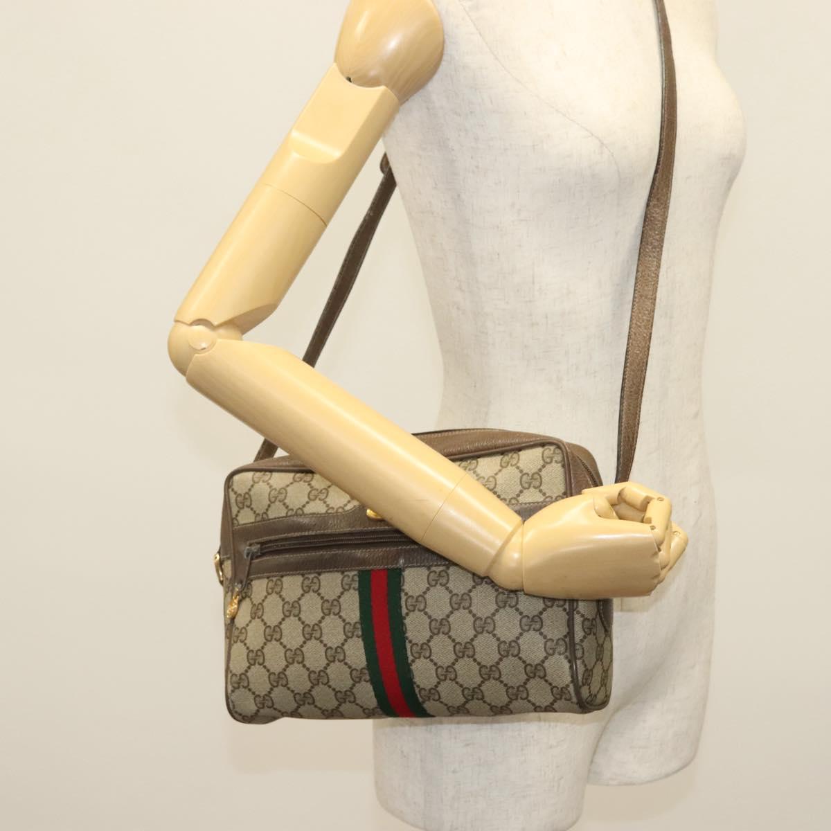 GUCCI GG Supreme Web Sherry Line Shoulder Bag PVC Beige Gold Red Auth BA5506