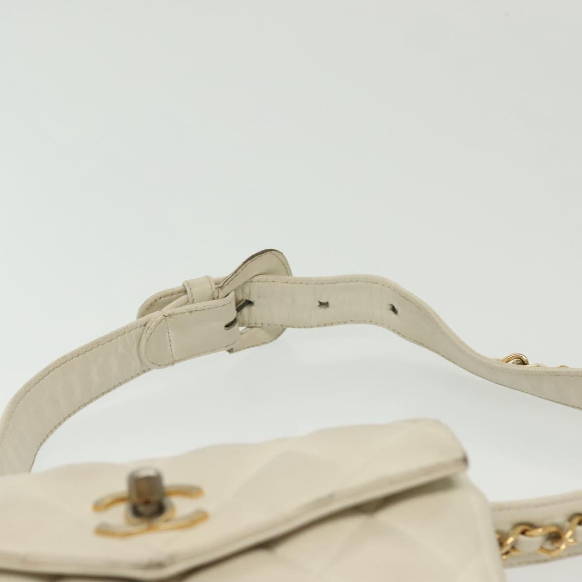 CHANEL Matelasse Chain Waist bag Lamb Skin White Gold CC Auth BA5530