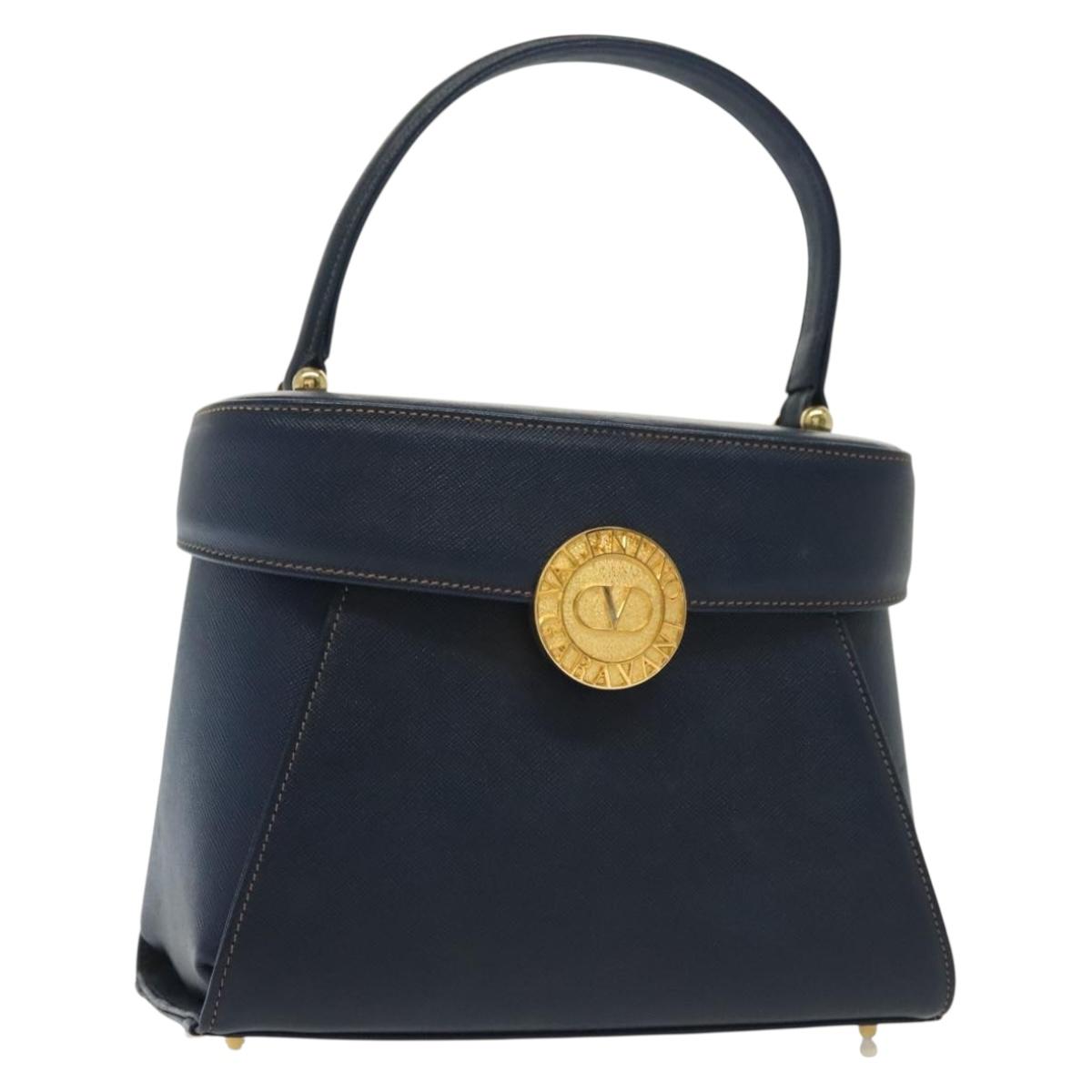 VALENTINO Hand Bag Leather Navy Gold Auth BA5531