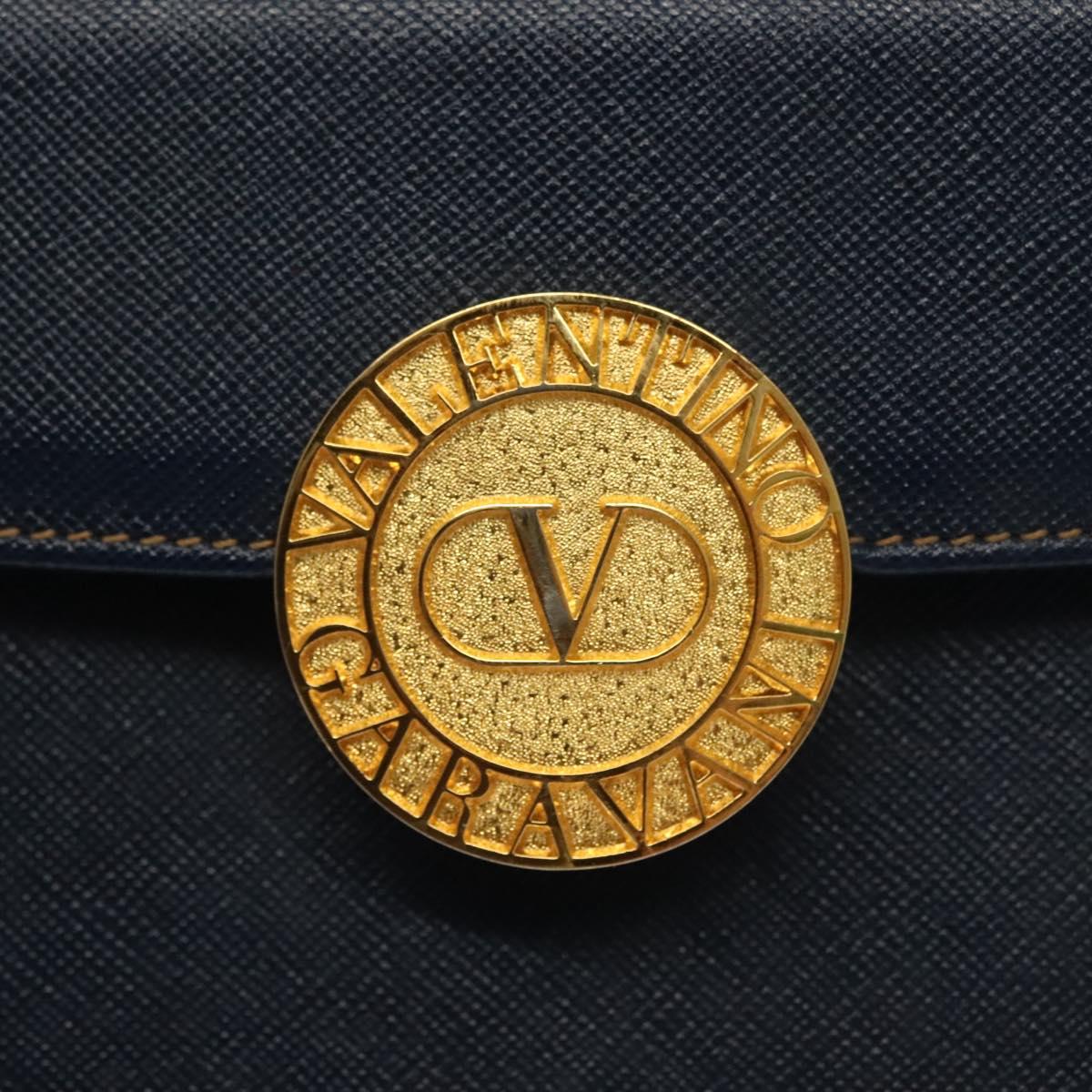 VALENTINO Hand Bag Leather Navy Gold Auth BA5531