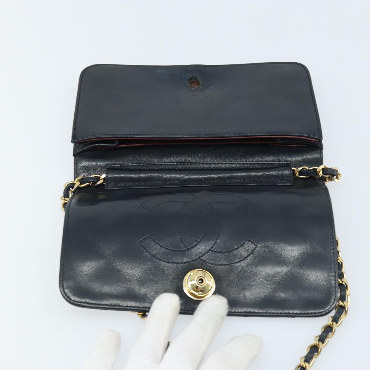 CHANEL Matelasse Chain Shoulder Bag Lamb Skin Black Gold CC Auth BA5545
