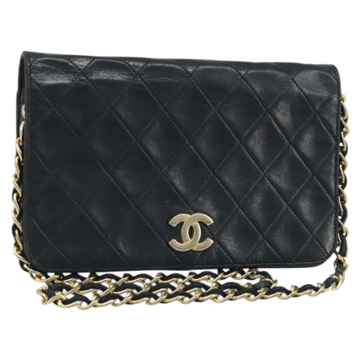 CHANEL Matelasse Chain Shoulder Bag Lamb Skin Black Gold CC Auth BA5545